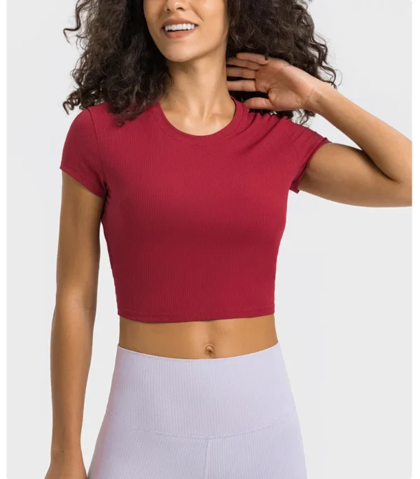 Flowing YOGA Outfits Top Women Gym Shirts Yoga Striped Rib T-shirt Short Sleeve Top Sport Fitness Sportswear Stretch Breathable Women's Blouse