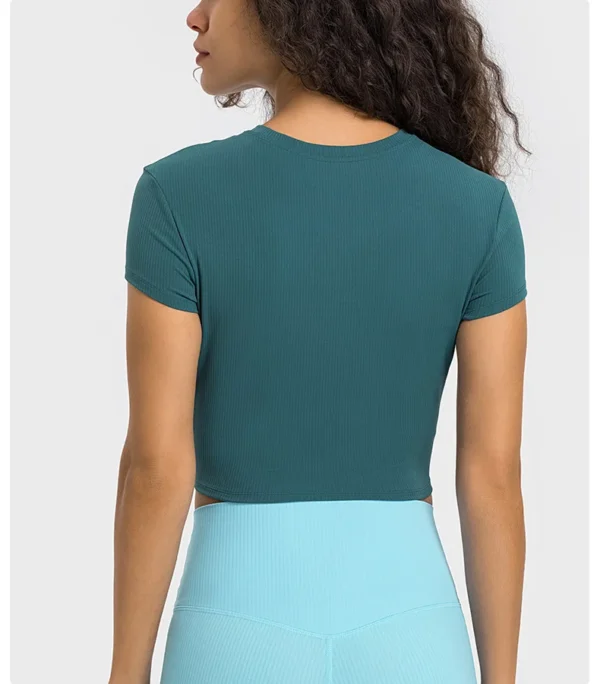 Flowing YOGA Outfits Top Women Gym Shirts Yoga Striped Rib T-shirt Short Sleeve Top Sport Fitness Sportswear Stretch Breathable Women's Blouse - Image 2