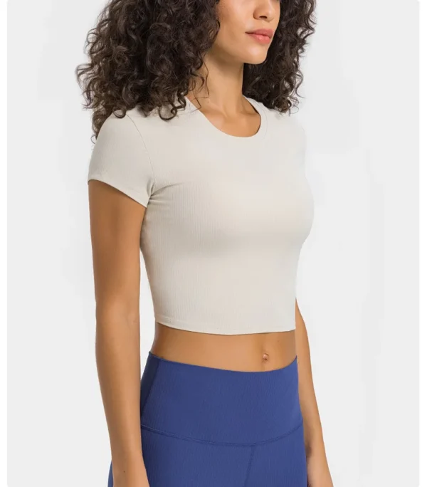 Flowing YOGA Outfits Top Women Gym Shirts Yoga Striped Rib T-shirt Short Sleeve Top Sport Fitness Sportswear Stretch Breathable Women's Blouse - Image 3