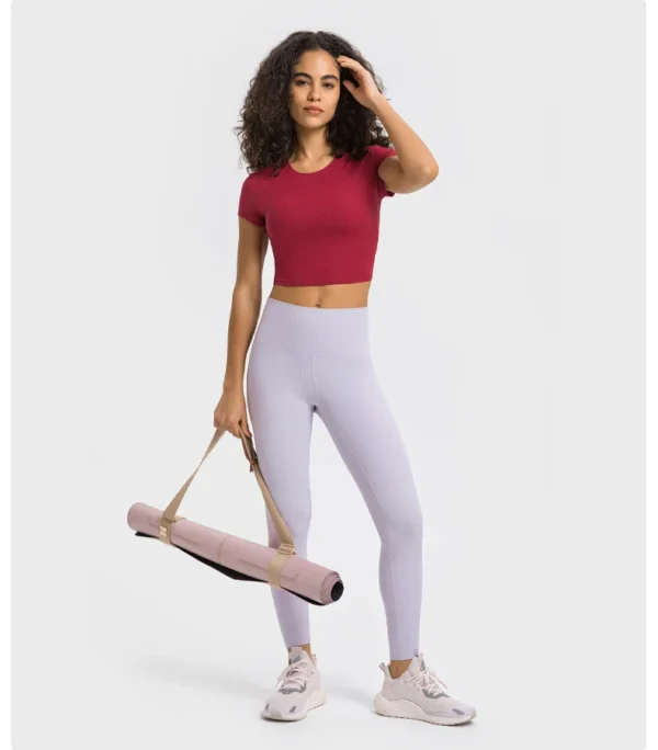 Flowing YOGA Outfits Top Women Gym Shirts Yoga Striped Rib T-shirt Short Sleeve Top Sport Fitness Sportswear Stretch Breathable Women's Blouse - Image 4