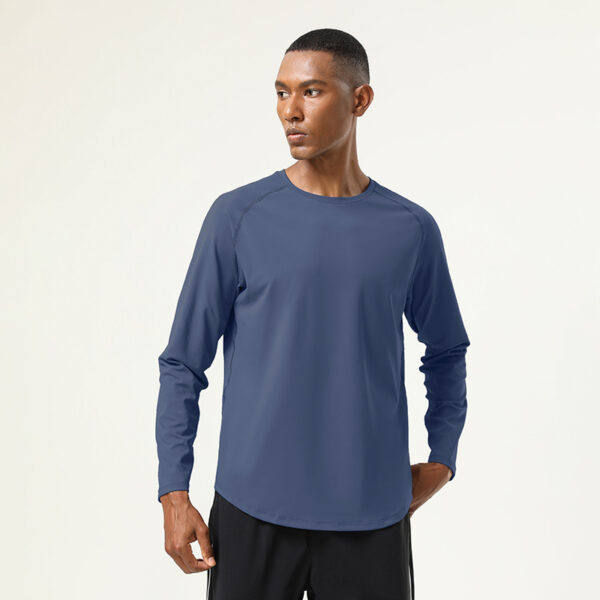 High elastic nude sports fitness clothes tops men autumn and winter running solid color round neck quick-drying long-sleeved T-shirt - Image 3