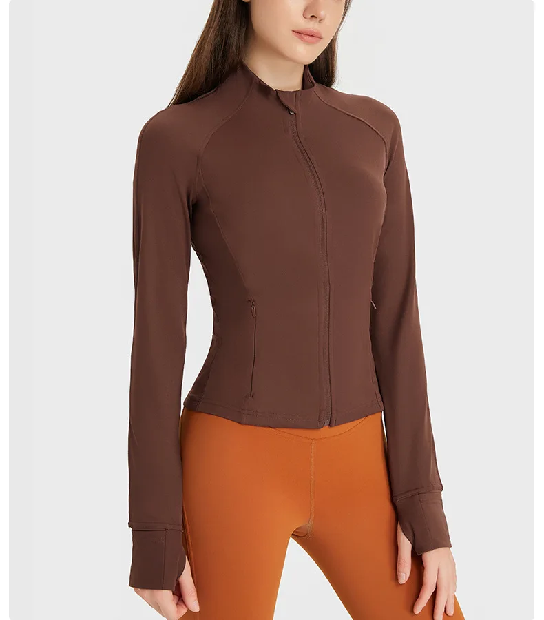 Flowing YOGA Outfits Nylon Stretch Track Jacket Gym Fitness Sport Top High Elasticity Long Sleeves Zipper Motorcycle Jacket Coat Sportswear