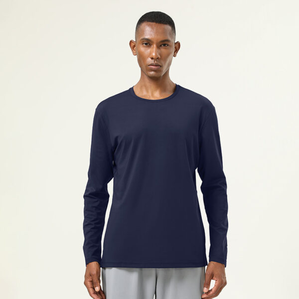 Men's sports long-sleeved t-shirt with high elastic nude round neck running thumb buckle fitness clothes - Image 2