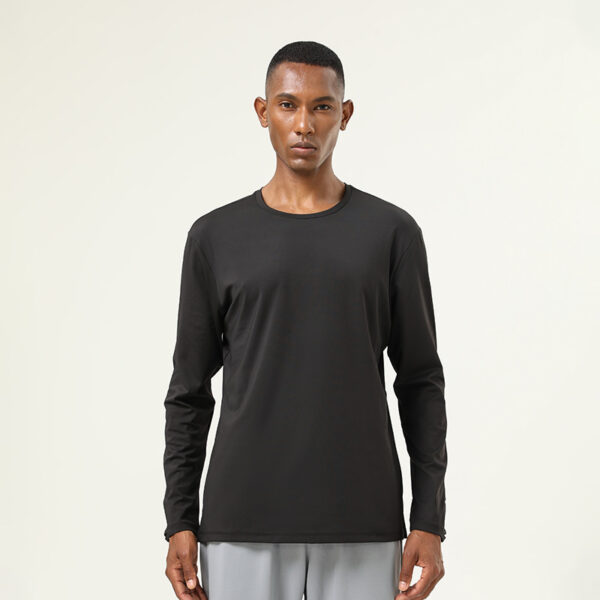 Men's sports long-sleeved t-shirt with high elastic nude round neck running thumb buckle fitness clothes - Image 3