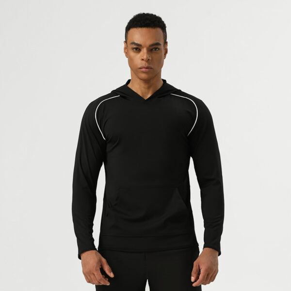 Nylon sports sweatshirt hoodie with pockets for men high elastic contrast color running training fitness clothes long sleeves - Image 2