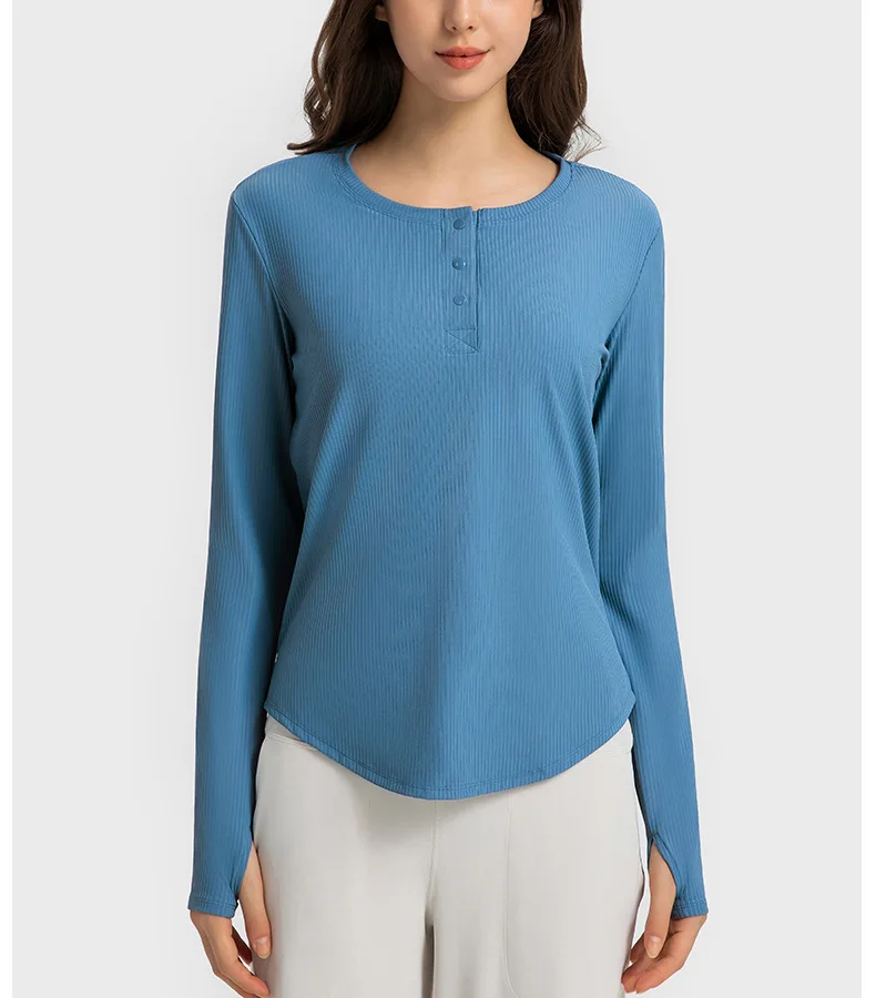 Womens Clothing Gym Flowing Yoga Sportswear Tops Shirts Outdoor Jogging Fitness Workout Blouse Ribbed Fabric Cropped Long Sleeve Top - Image 2