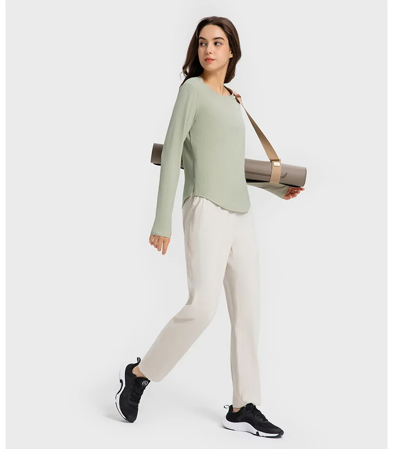 Womens Clothing Gym Flowing Yoga Sportswear Tops Shirts Outdoor Jogging Fitness Workout Blouse Ribbed Fabric Cropped Long Sleeve Top - Image 3