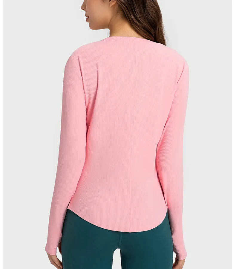 Womens Clothing Gym Flowing Yoga Sportswear Tops Shirts Outdoor Jogging Fitness Workout Blouse Ribbed Fabric Cropped Long Sleeve Top - Image 4