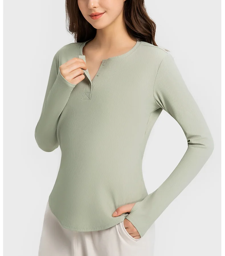 Womens Clothing Gym Flowing Yoga Sportswear Tops Shirts Outdoor Jogging Fitness Workout Blouse Ribbed Fabric Cropped Long Sleeve Top
